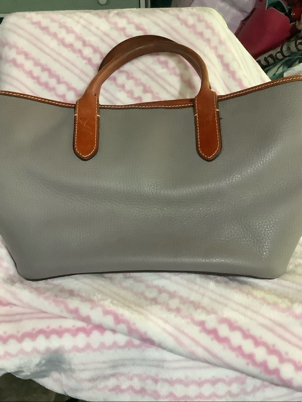 Dooney & Bourke Gray Pebbled Leather Tote with Brown Trim and Gold Plaque - Picture 3 of 4